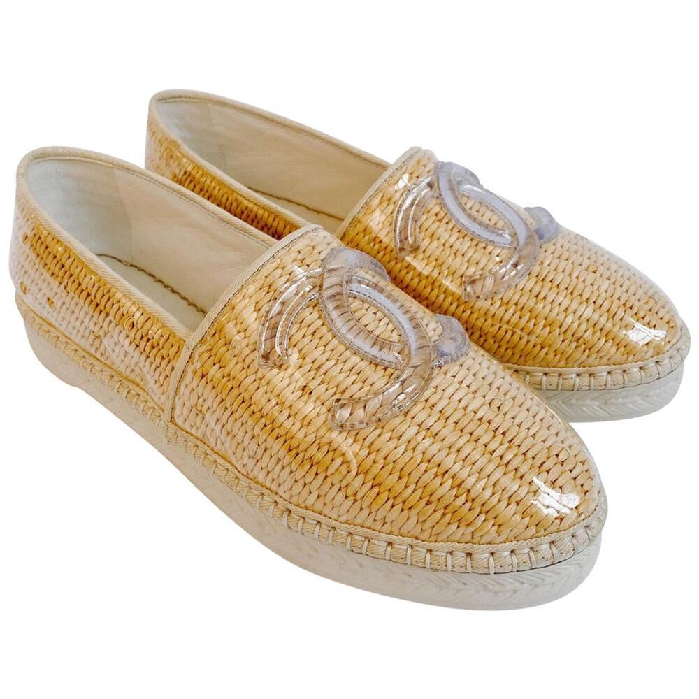 CHANEL CC logo raffia clear PVC espadrilles flats